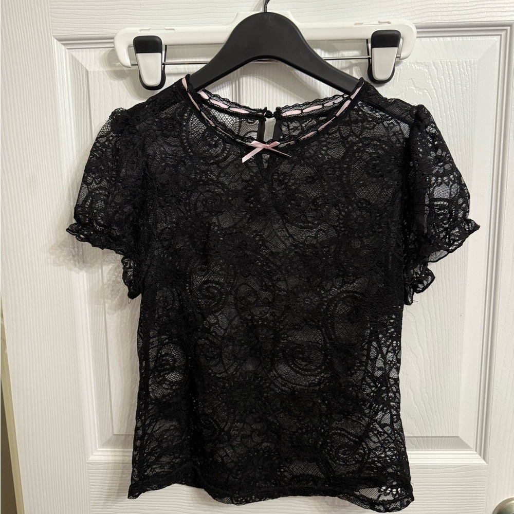 Black Sheer Lace Top Pink Ribbon Bow Gothic Coquette Y2K small/medium romantic